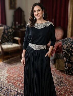 Vintage 90s Jane Ashley 2-Piece Sequin Beaded Skirt & Top Set - Black Rayon - Si